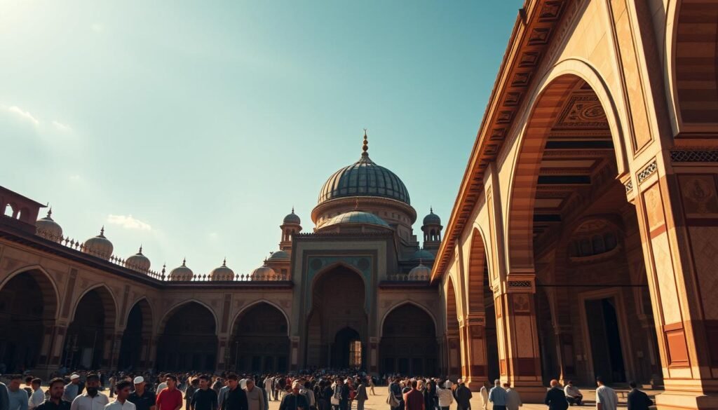 A grand, domed structure stands tall, its intricate architecture a testament to the grandeur of Islamic design. The Amal Masjid, bathed in warm, golden light, rises majestically against a clear, azure sky. Delicate minarets reach skyward, their slender silhouettes casting long shadows across the ornate courtyard below. Worshippers gather in the serene, inviting atmosphere, their devotion and reverence palpable. The scene exudes a sense of timeless spirituality, a place where the faithful can find solace and community. This image captures the essence of the Amal Masjid, a sacred space that embodies the rich cultural heritage of the region.